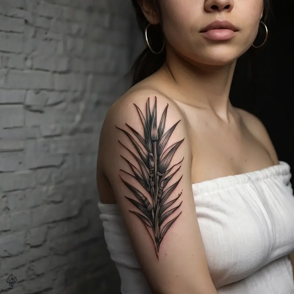 A black and gray tattoo of a stylized bamboo plant with intricate shading on the upper arm, emphasizing sharp, pointed leaves.