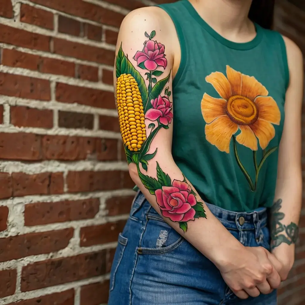 Tattoo of a vibrant corn cob with pink roses and green leaves on an arm, showcasing bold colors and intricate details.