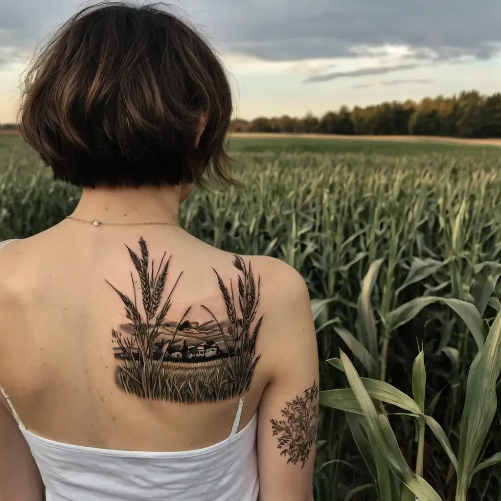 Back tattoo of wheat field and cottage, detailed landscape blending seamlessly with nature, emphasizing rural serenity.