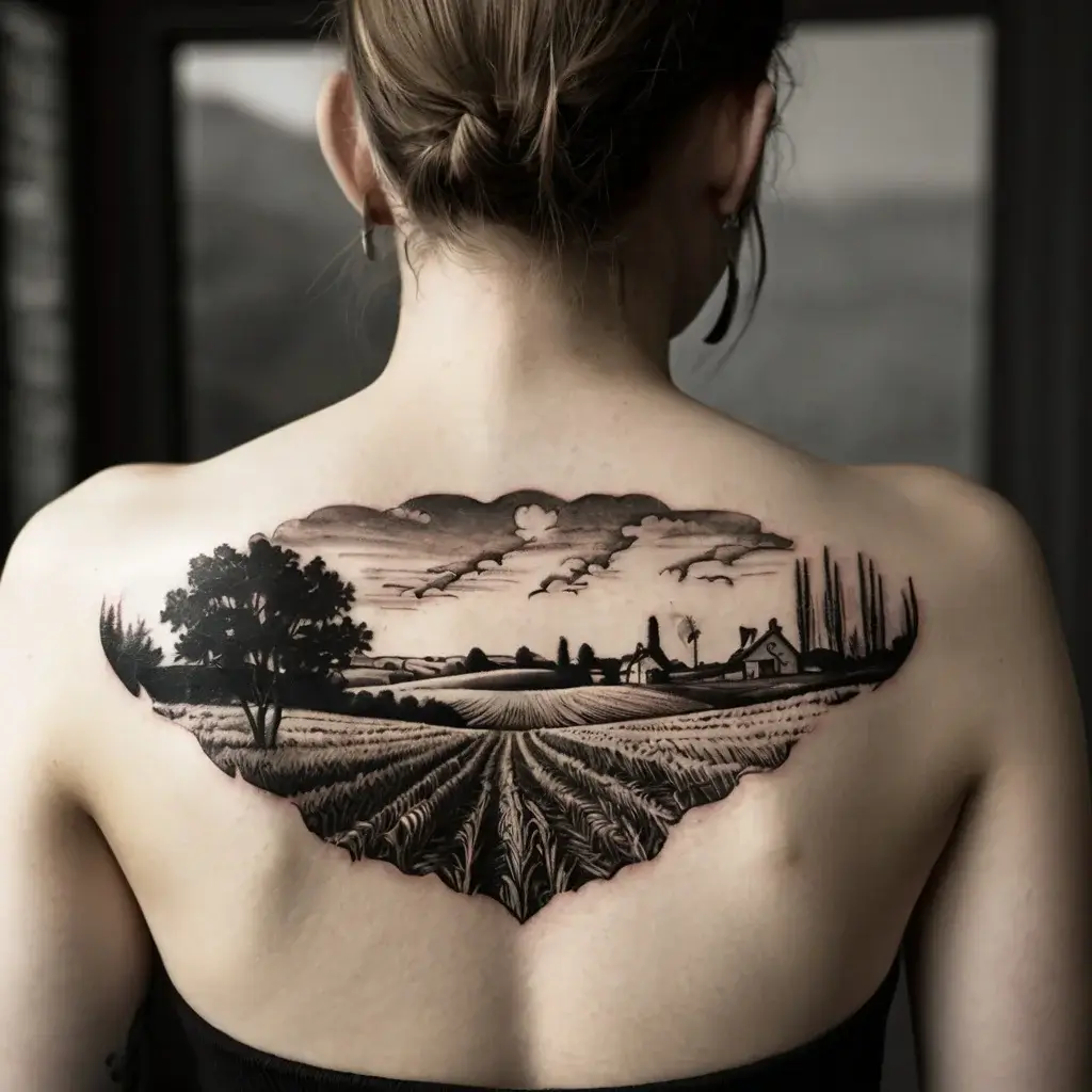 Black ink landscape tattoo on upper back; features fields, trees, and a small house under a cloudy sky, spanning the shoulders.