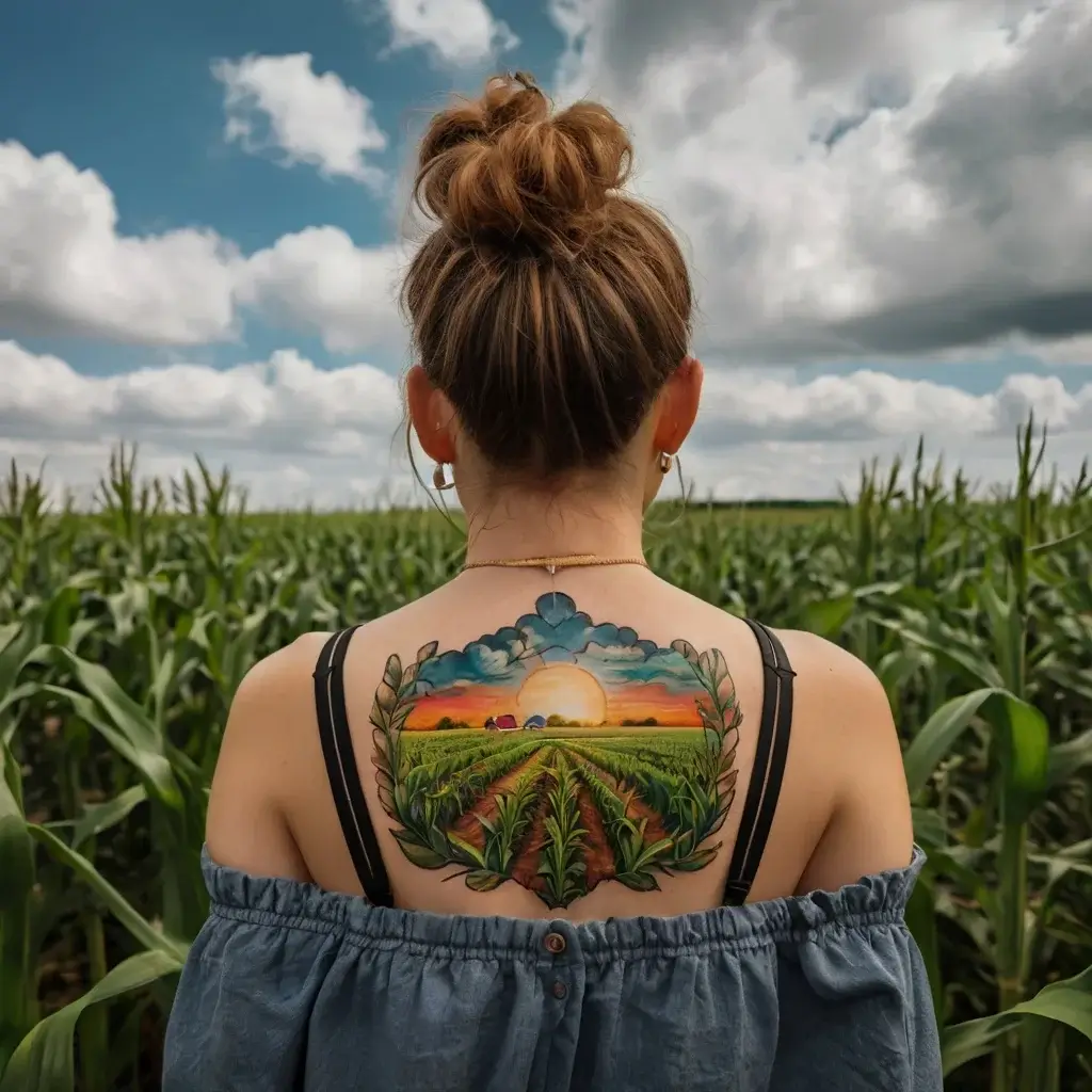 Tattoo of a vibrant farm landscape on a woman's back. It features a sunset over fields, surrounded by a leafy wreath.