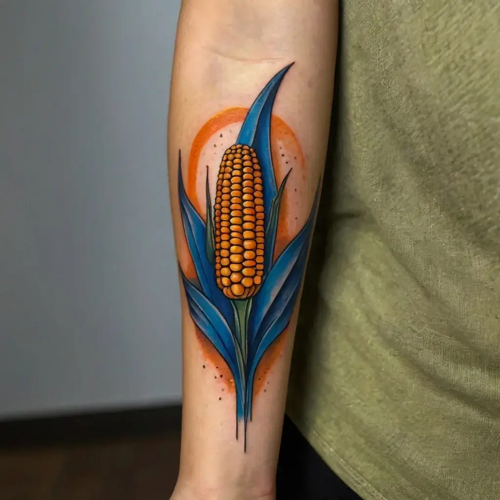 Tattoo of vibrant corn with blue leaves and orange background, blending realism and bold colors on forearm.