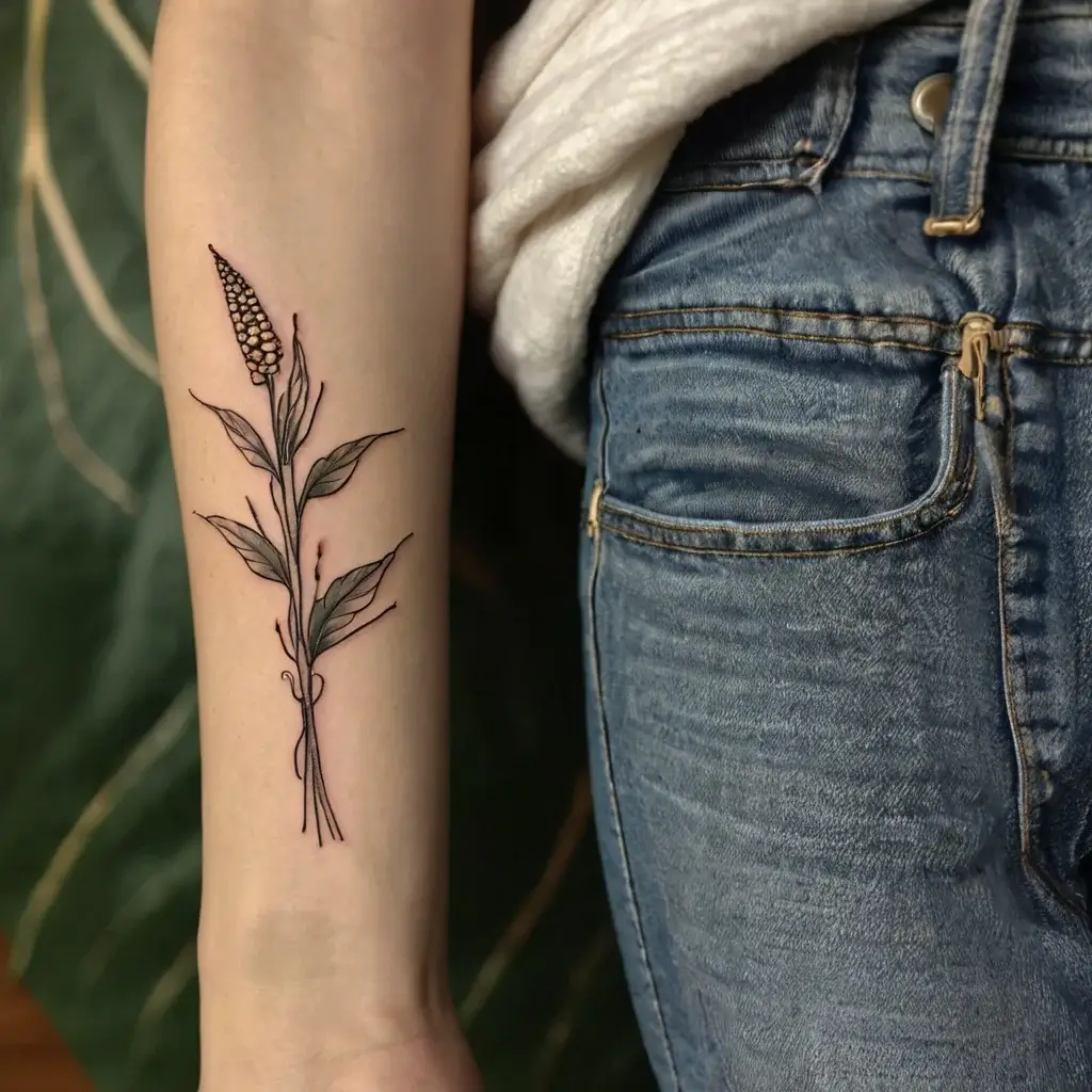 Minimalist floral tattoo on forearm featuring delicate leaves and a single flower spike in fine line style.