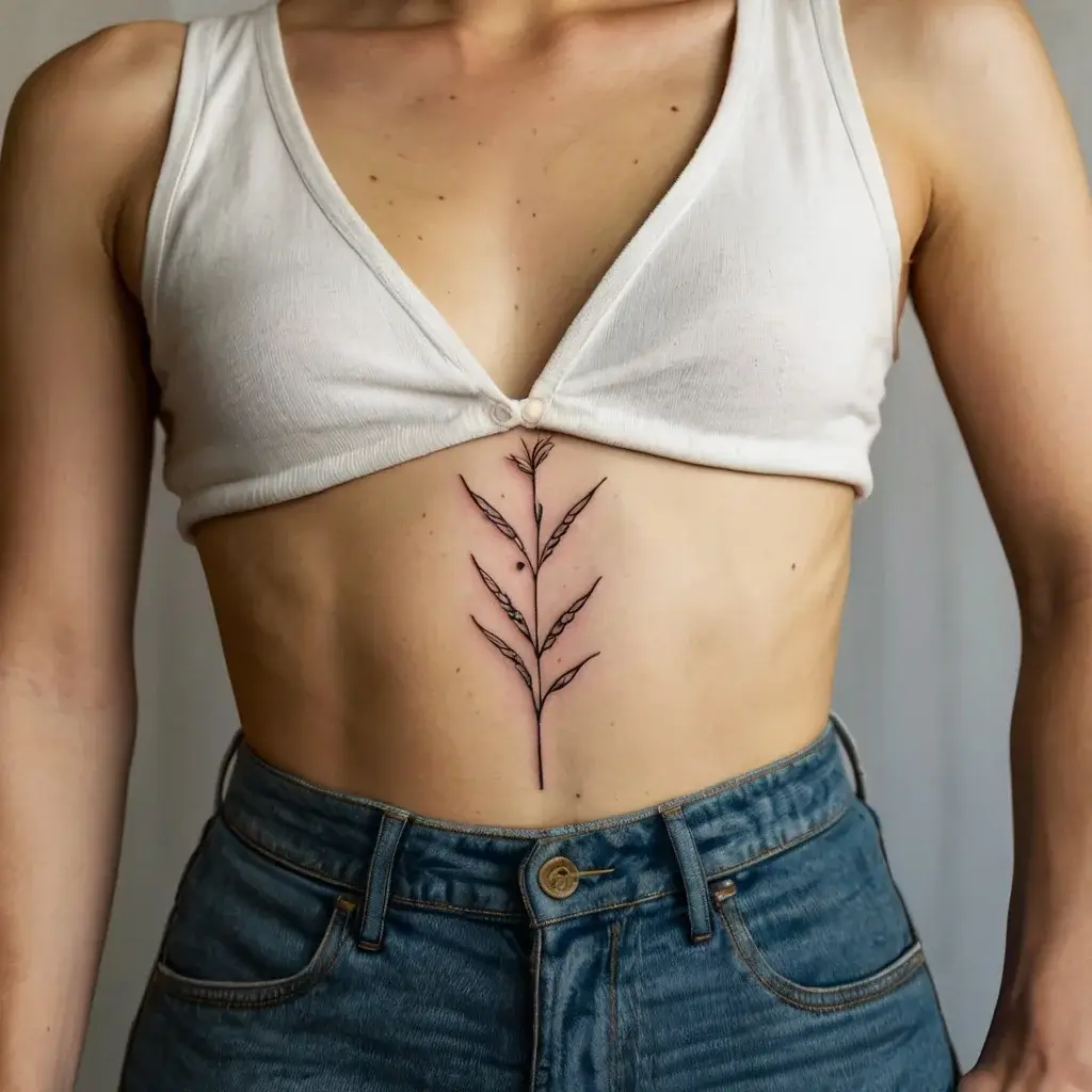 Minimalistic black ink floral tattoo with delicate branches and leaves, elegantly placed along the center of the torso.