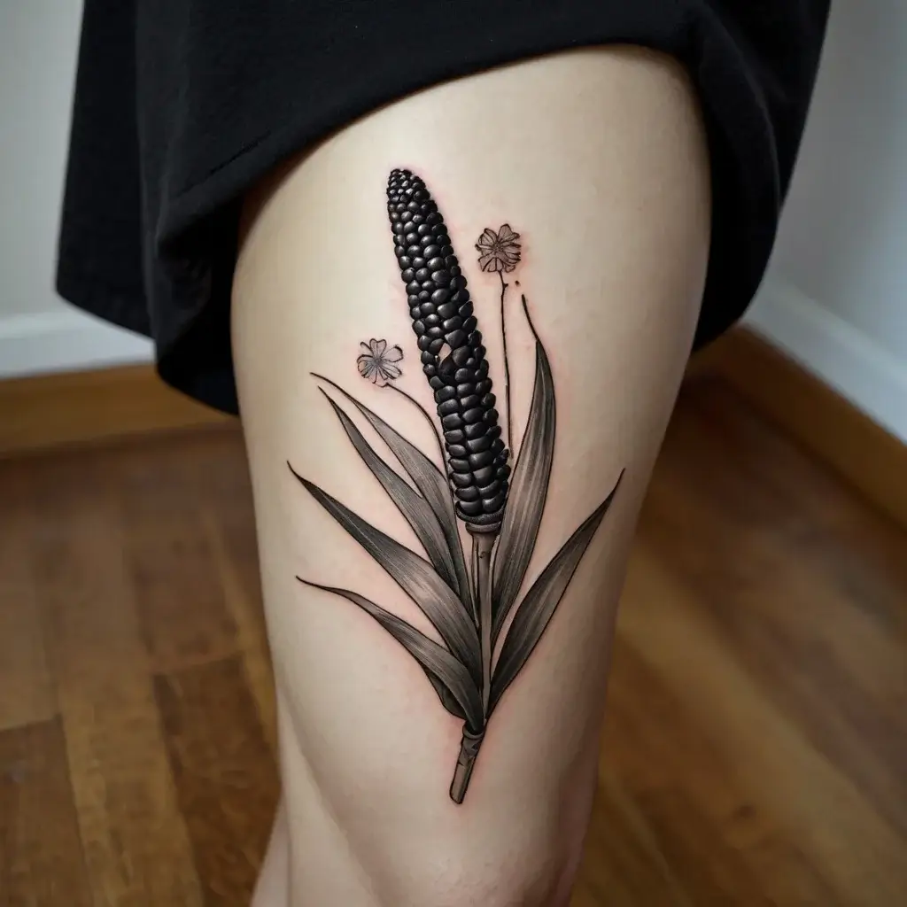 Tattoo of a stylized black plant with textured leaves, a tall cluster bloom, and small decorative flowers on the thigh.