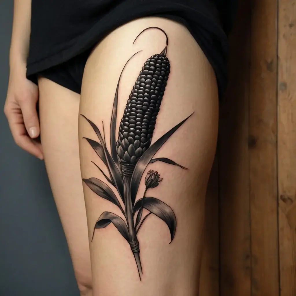 Thigh tattoo of a stylized corncob with intricate shading, showcasing detailed leaves and a single emerging bud.