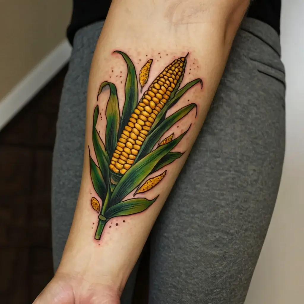 Tattoo of vibrant corn on the cob with detailed green husks on forearm, surrounded by subtle shading and dot accents.