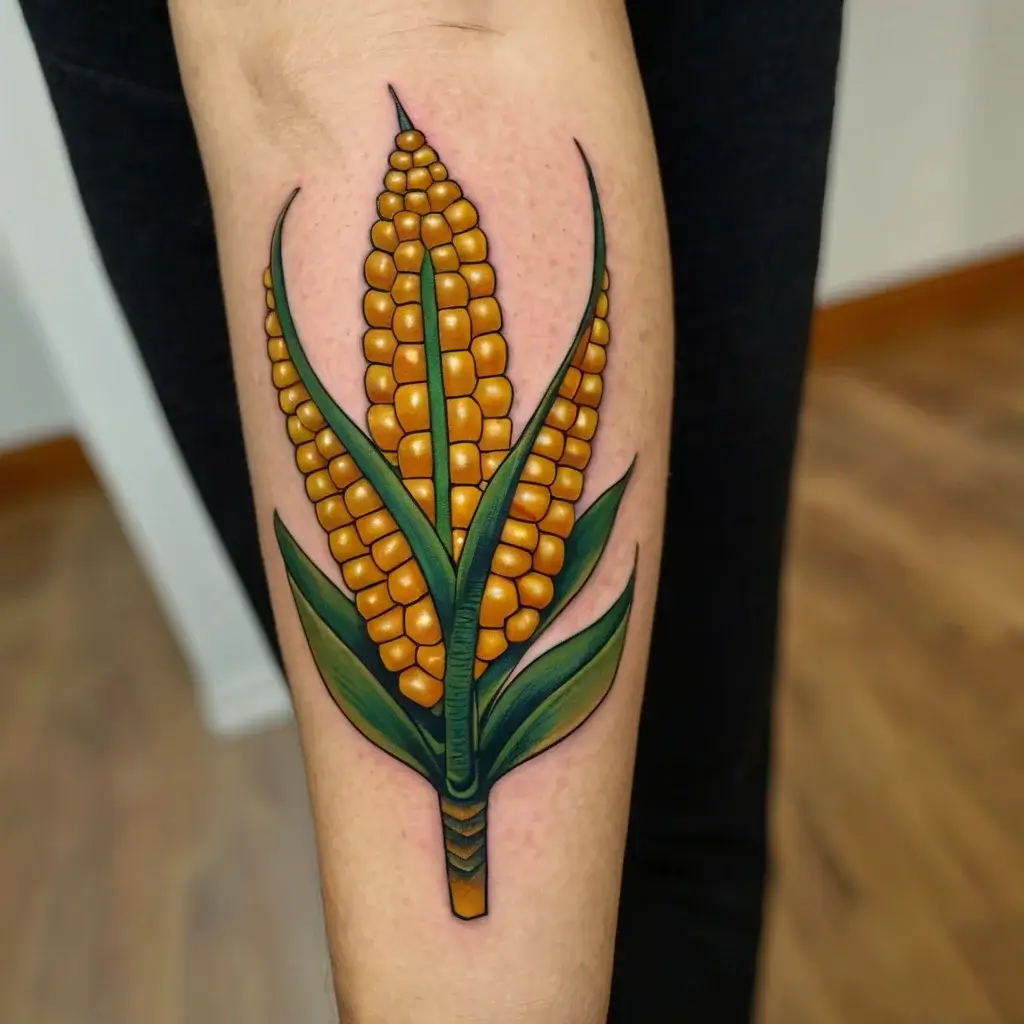 Tattoo of a vibrant ear of corn with detailed kernels and green leaves, showcasing bold colors and fine outlines.