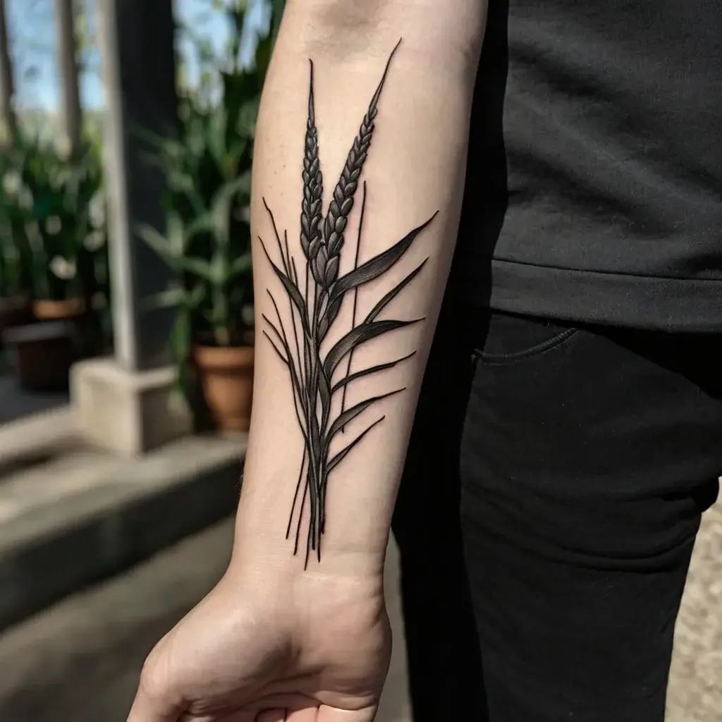 Black ink tattoo of detailed wheat stalks with leaves on the forearm, symbolizing growth and abundance.