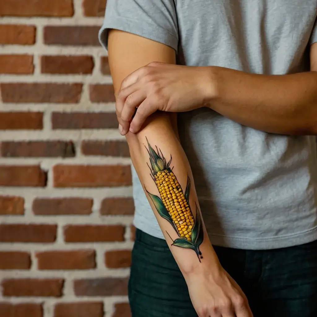 Tattoo of a vibrant, detailed corn-on-the-cob with green husks, inked on the forearm against a brick wall backdrop.