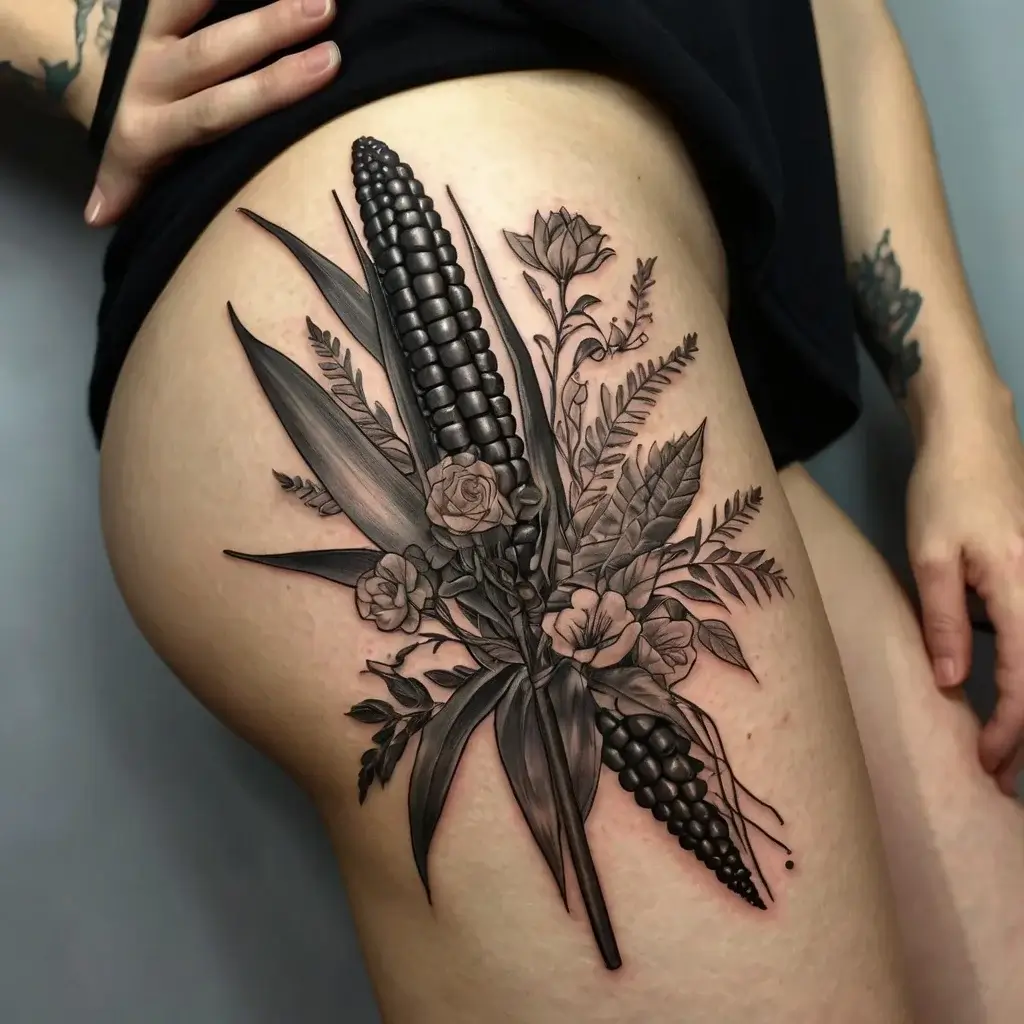 Black and gray thigh tattoo of corn with roses and leaves, blending realism with botanical elements.