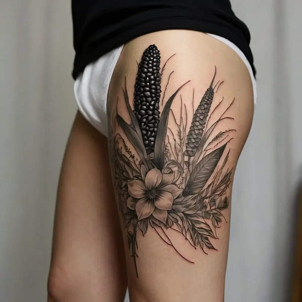 Detailed floral thigh tattoo with textured spiked leaves, surrounding a central blossom, blending realism and fine lines.