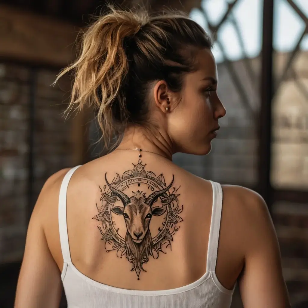 Intricate goat head tattoo on back with geometric mandala elements and decorative patterns, symbolizing strength and nature.