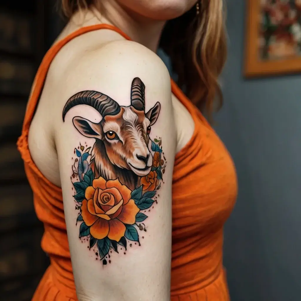 Tattoo of a goat's head surrounded by vibrant orange roses and blue-green leaves on the upper arm.