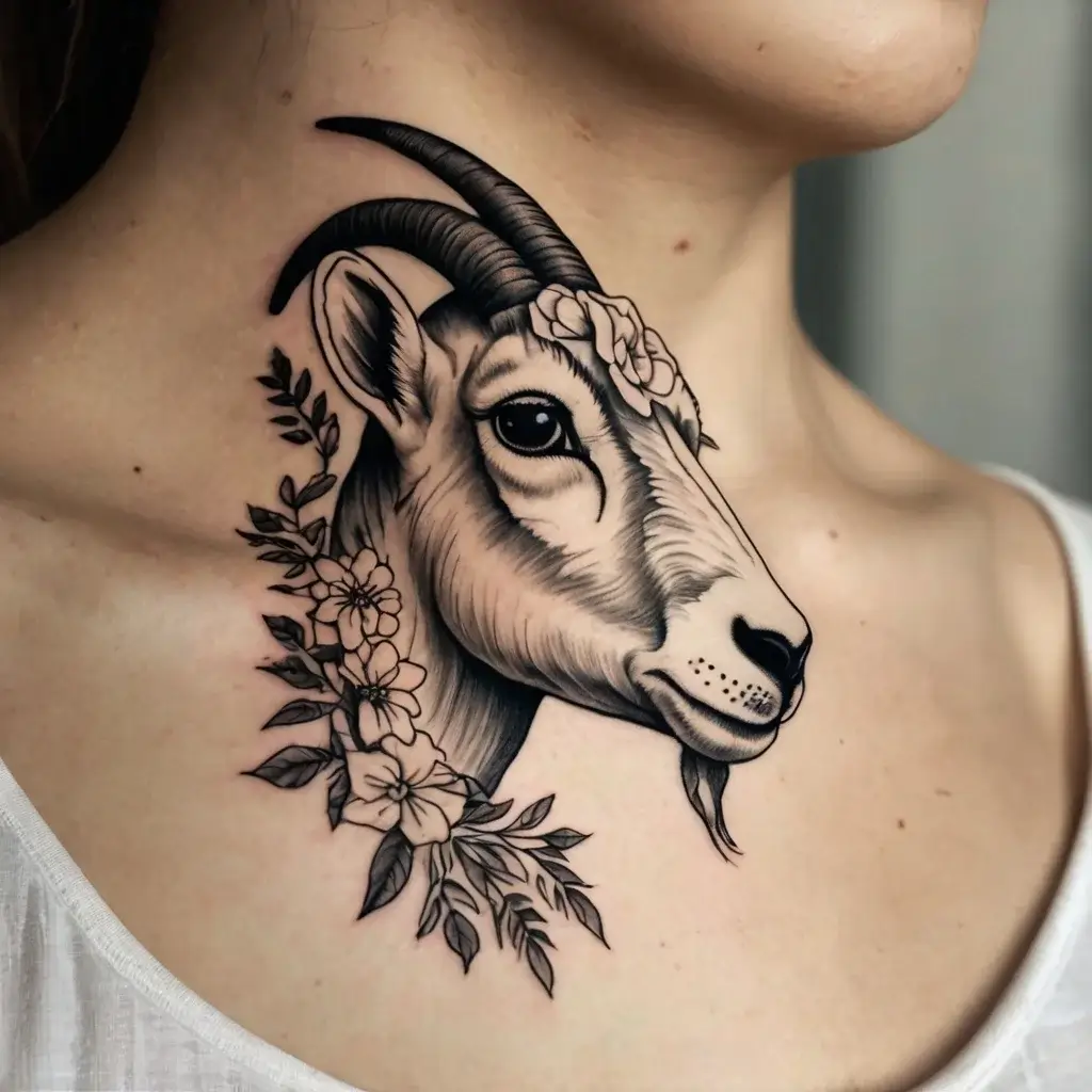 Black ink goat head with detailed horns, enveloped in leaves and flowers; tattoo on collarbone and neck area.