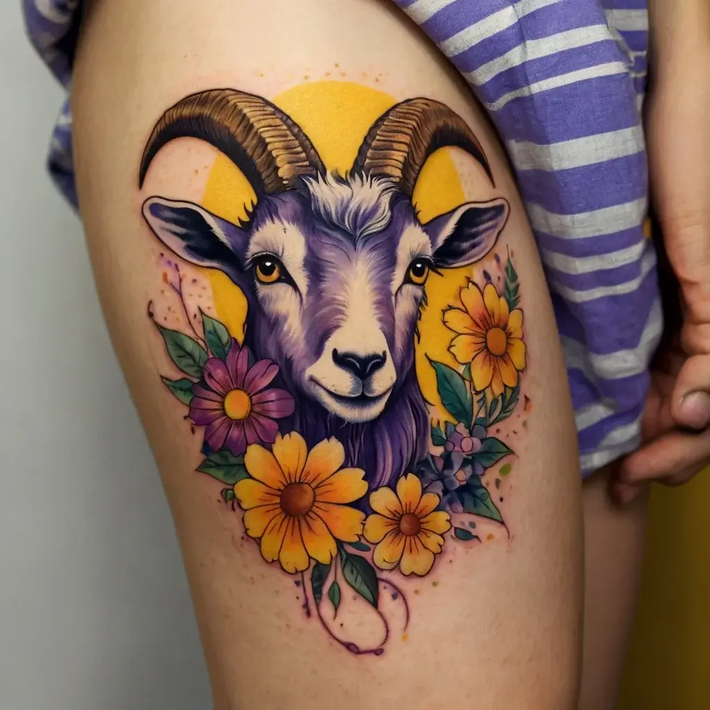 Colorful goat head tattoo with detailed horns, surrounded by vibrant flowers and leaves on a yellow background.