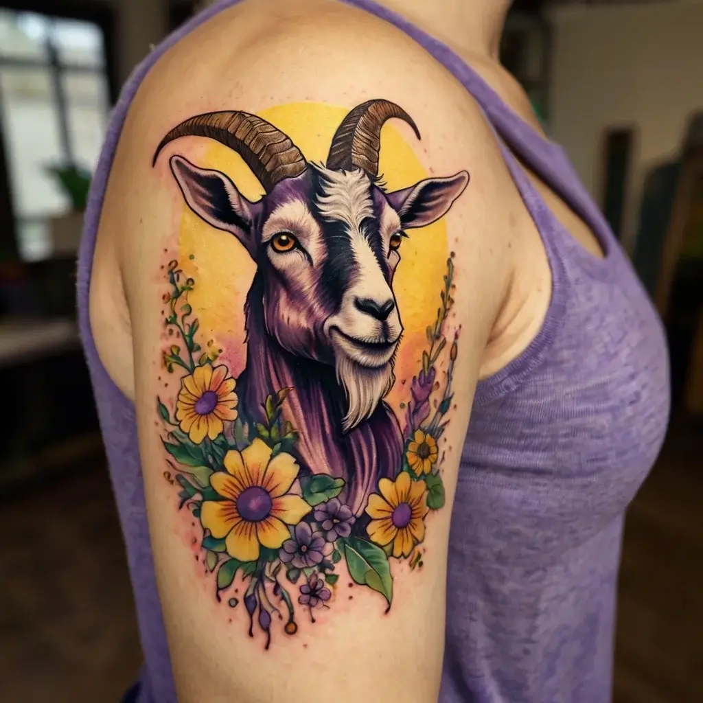 Vibrant goat tattoo with colorful flowers on the shoulder, set against a warm yellow background.