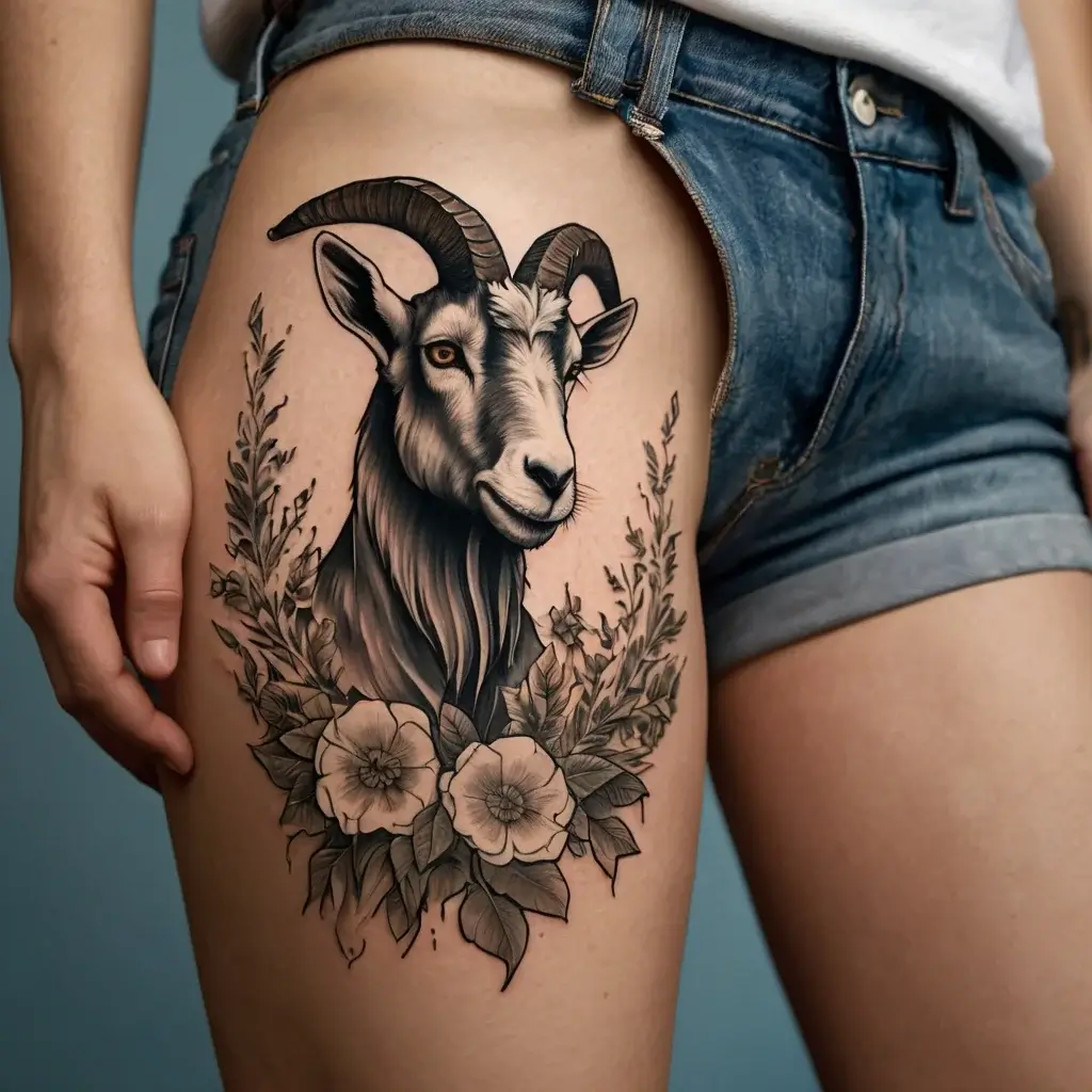 Tattoo of a realistic goat with horns surrounded by detailed flowers and foliage on the thigh, showcasing fine artistry.