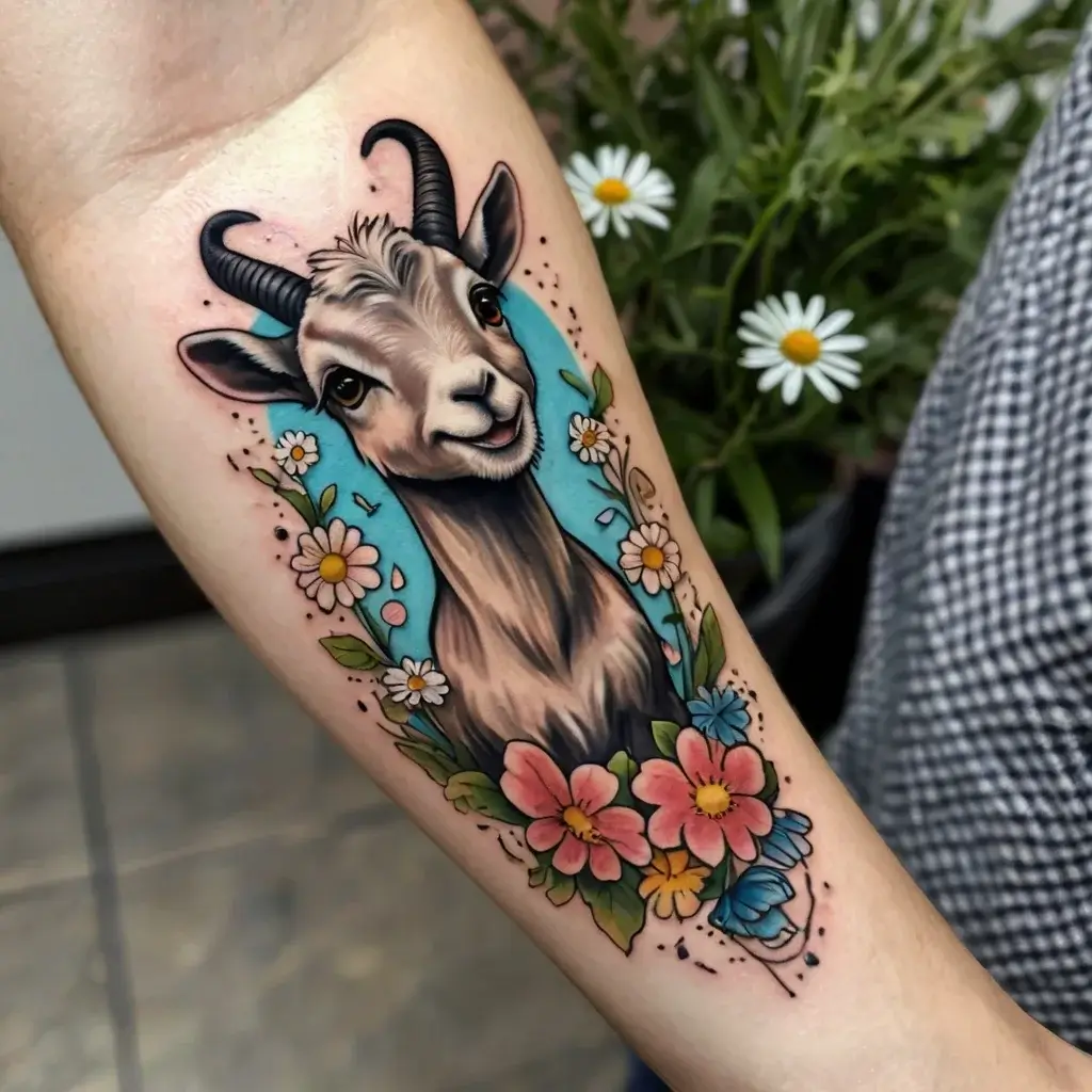 Colorful tattoo of a smiling goat surrounded by vibrant flowers and leaves on a light blue background.