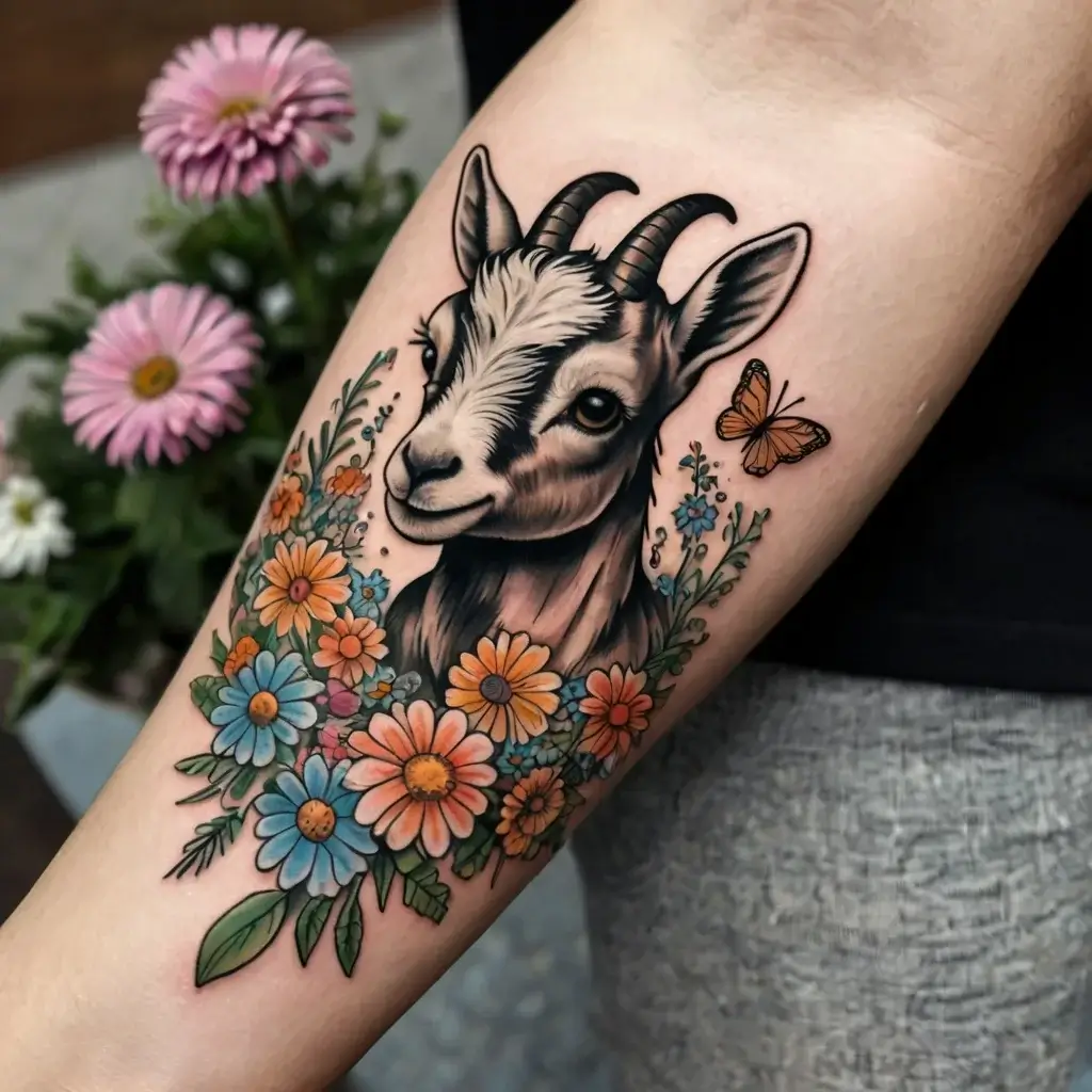 Tattoo of a goat surrounded by colorful flowers and a butterfly on the forearm, merging nature and serenity artfully.