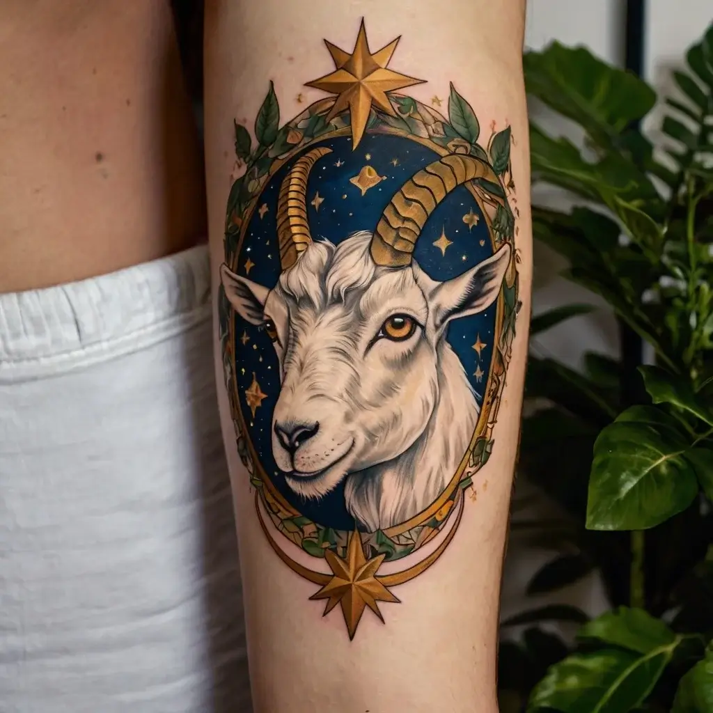 Tattoo of a goat head with spiraled horns, surrounded by stars and leaves in an ornate frame against a night sky backdrop.