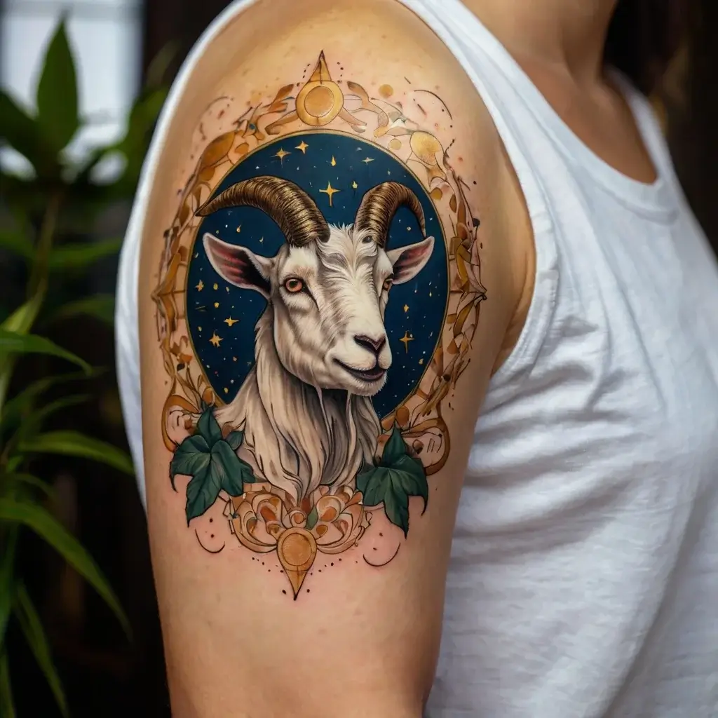 A detailed goat tattoo surrounded by a celestial blue sky, ornate golden frame, and leafy accents on an upper arm.