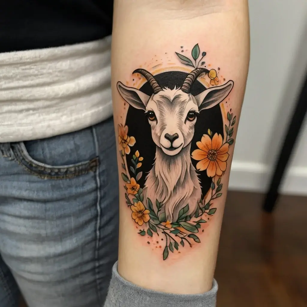 Tattoo of a goat framed by vibrant orange flowers and green leaves, set against a bold black circular background.