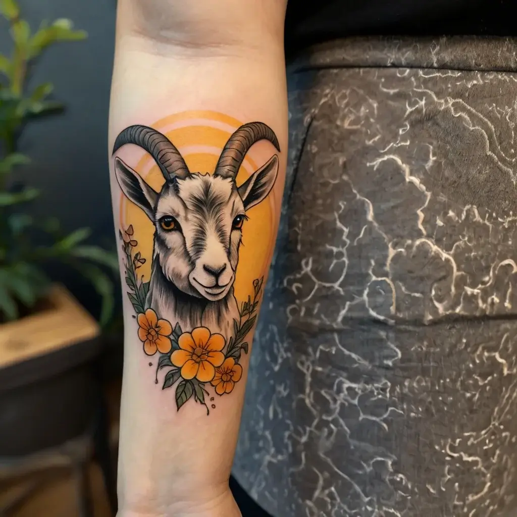 Realistic goat head tattoo with vibrant orange background and flowers, emphasizing nature and strength.