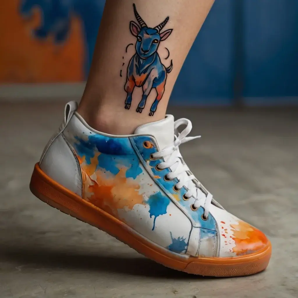 Tattoo of a whimsical blue and orange goat integrates bold outlines and vibrant colors, matching the paint-splattered shoes.