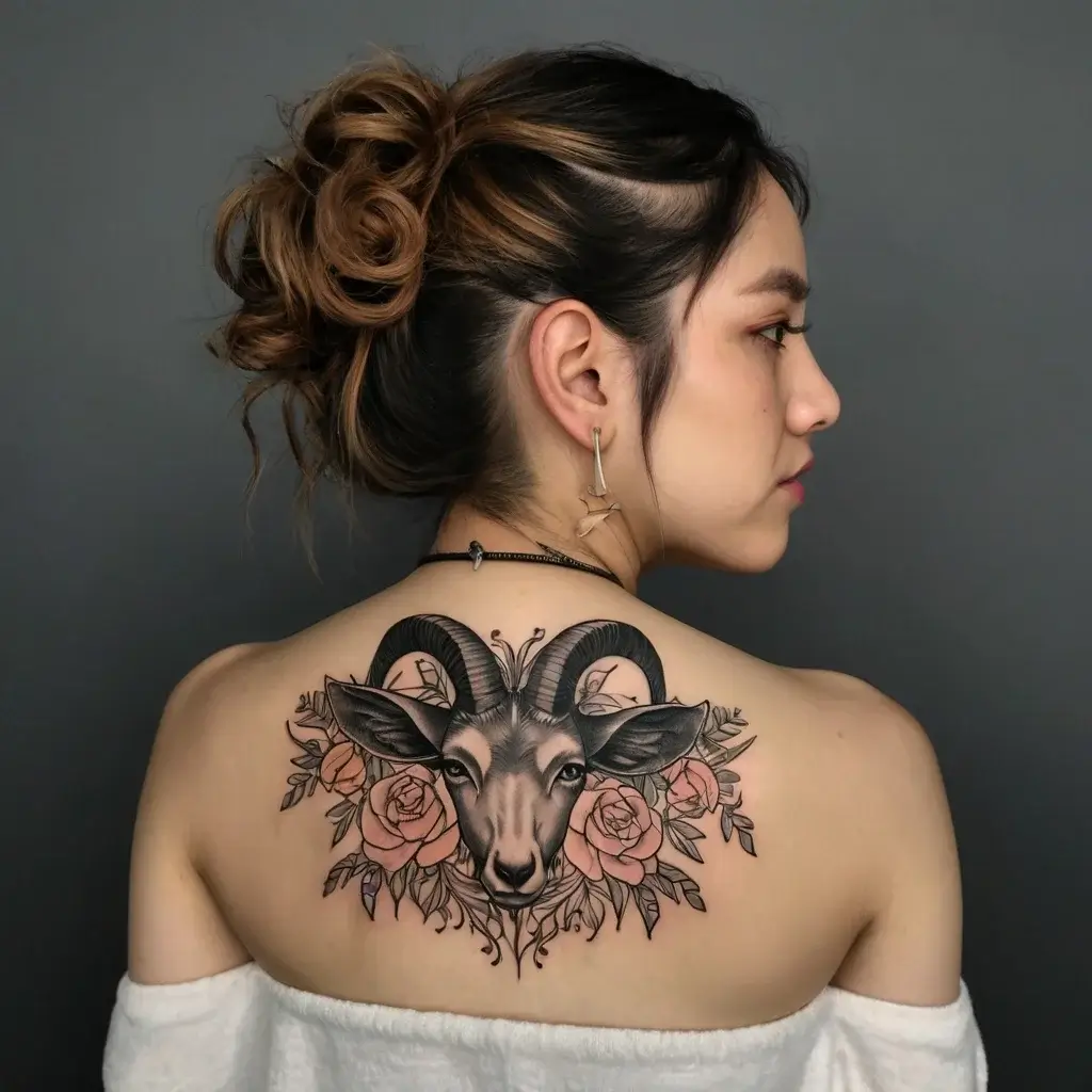 Tattoo of a ram's head with ornate horns, flanked by intricate pink roses, centered on a woman's upper back.