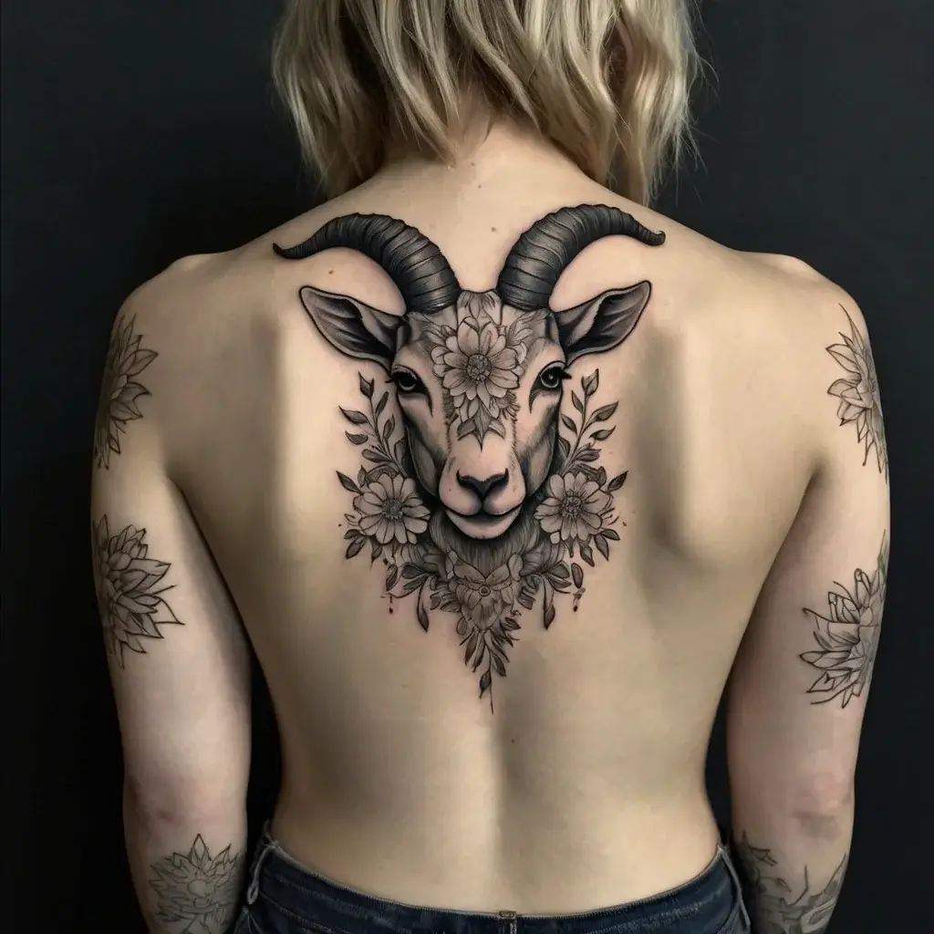 Back tattoo of a goat head adorned with flowers and leaves, blending realistic and ornamental styles.