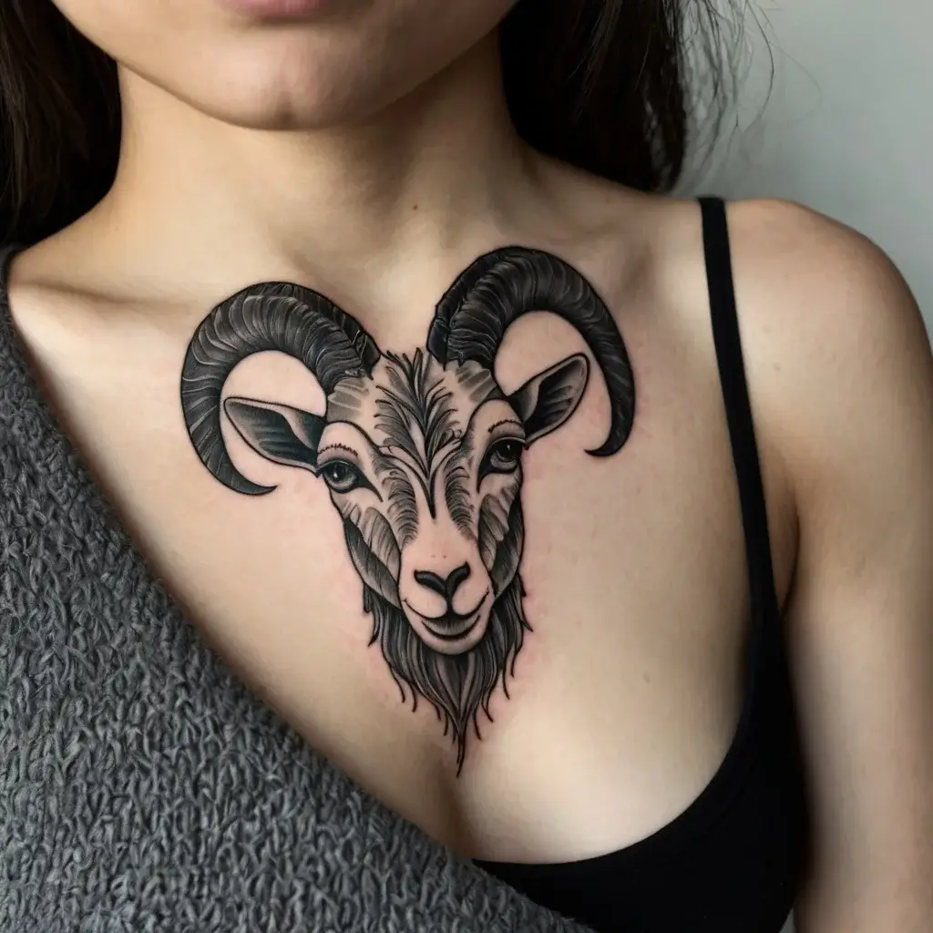 Blackwork tattoo of a ram's head on the chest, showcasing intricate shading and detailed horns for a bold look.