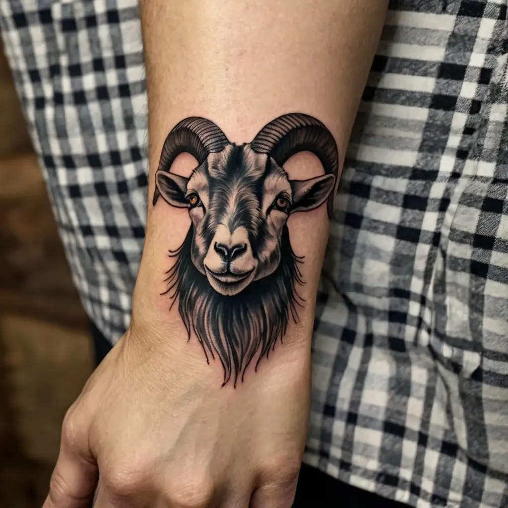 Tattoo of a detailed ram's head with curved horns, emphasizing texture and shading, located on the inside of a forearm.