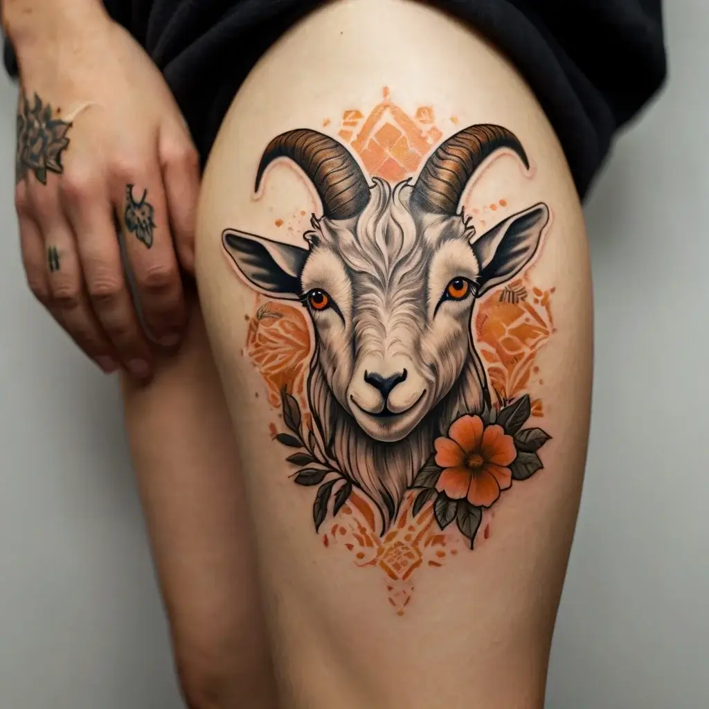 Detailed goat head tattoo with orange flower and geometric patterns, blending realism and stylized elements on the thigh.