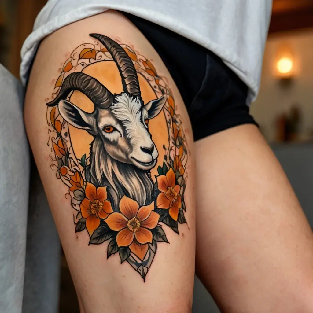 Vibrant goat head tattoo with intricate horns, surrounded by orange flowers on the thigh, set against a warm background.