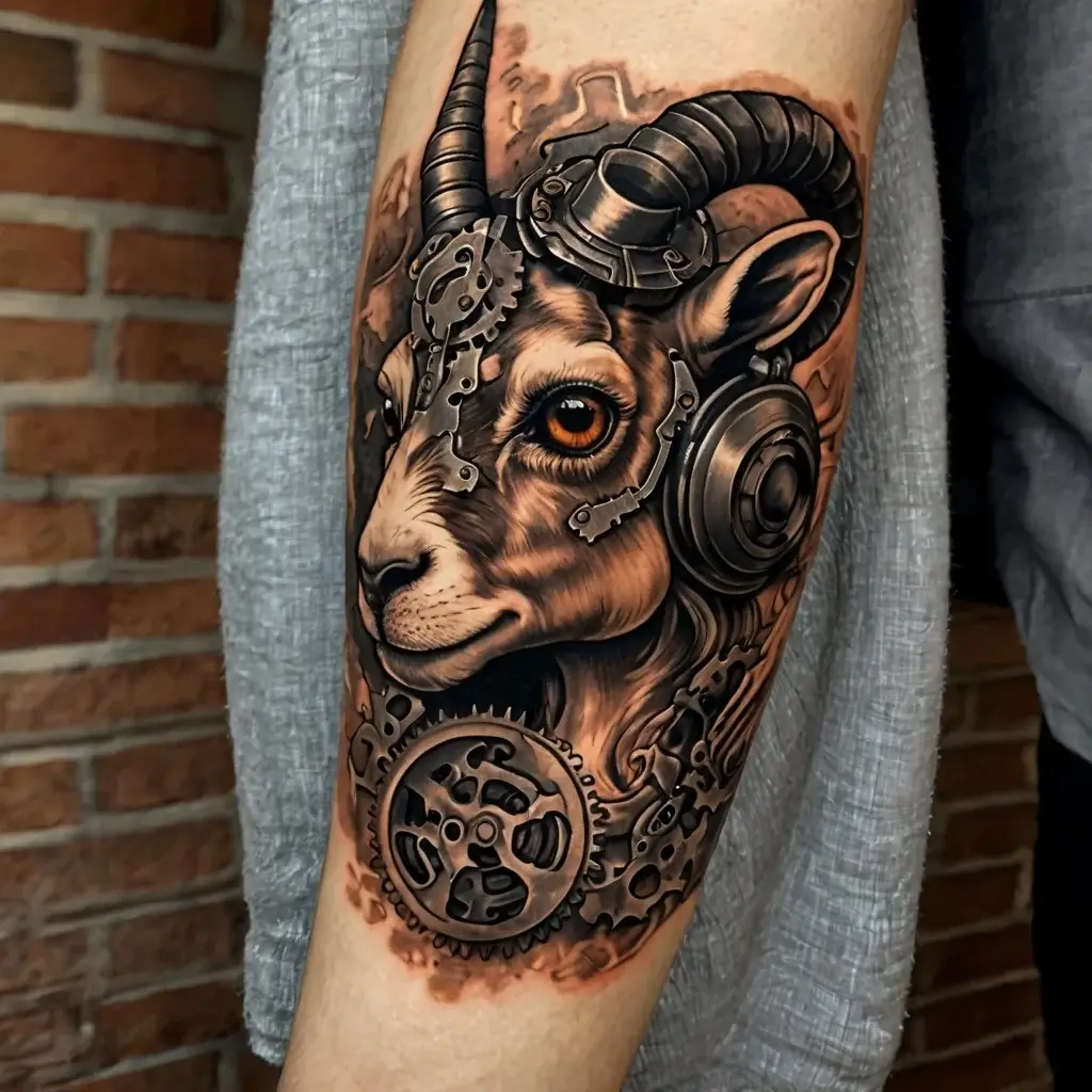 A steampunk tattoo of a ram, with intricate gears and mechanical elements, blending realism and fantasy on the forearm.