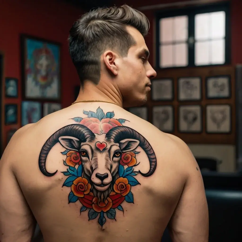 Tattoo of a ram with colorful roses and leaves framing its head. A small red heart decorates the forehead.