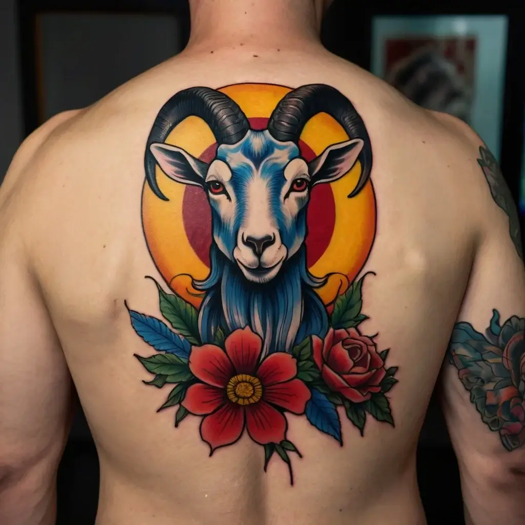 Colorful tattoo of a blue horned goat with orange halo, surrounded by vibrant red flowers, on a person's back.