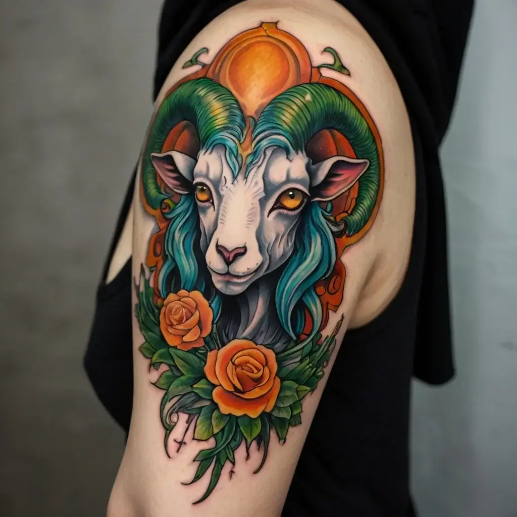 Tattoo of a colorful ram with turquoise horns and teal mane, framed by orange roses and decorative elements.