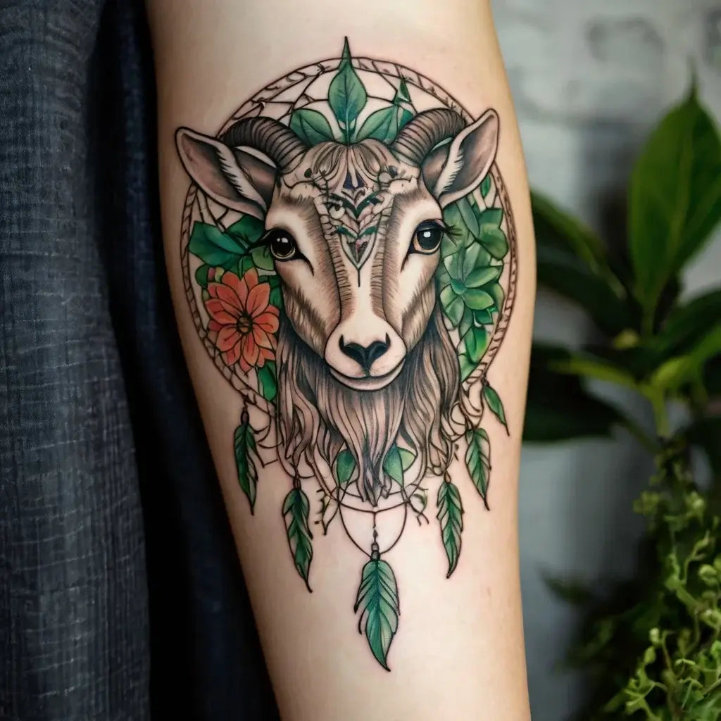 Tattoo of a goat's head framed by green leaves and a flower, adorned with dangling feathers in a circular design.