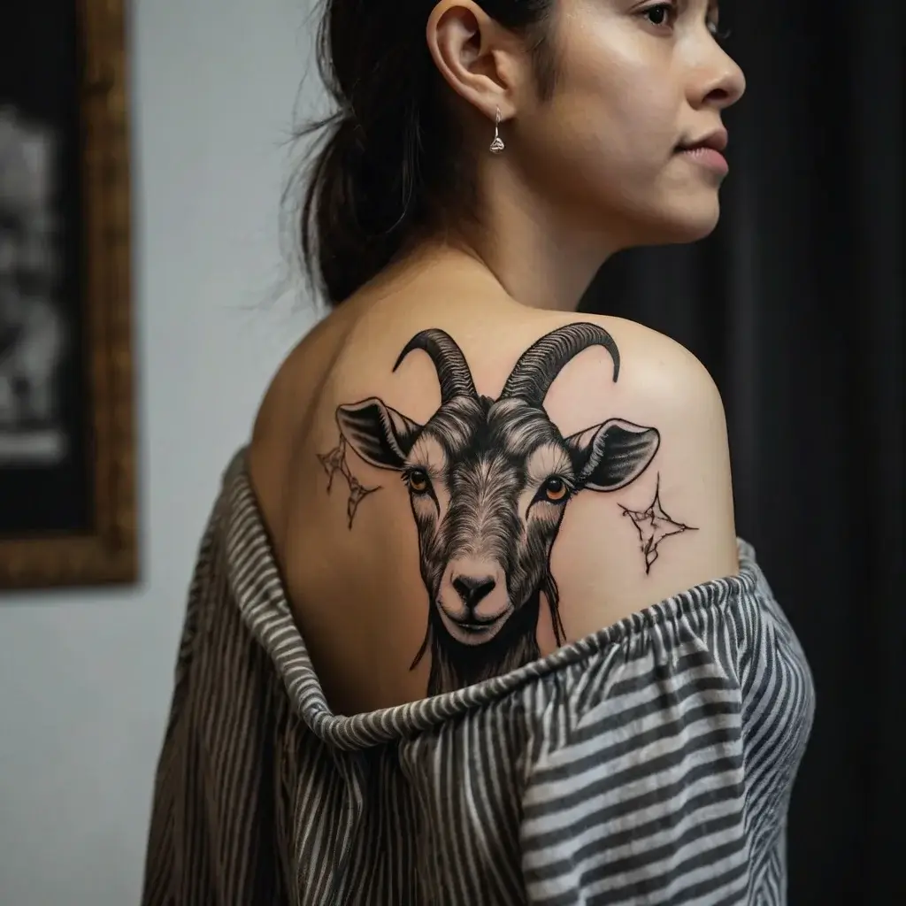 Ornate goat tattoo with detailed horns and eyes on shoulder, framed by geometric stars, exuding mystique and strength.