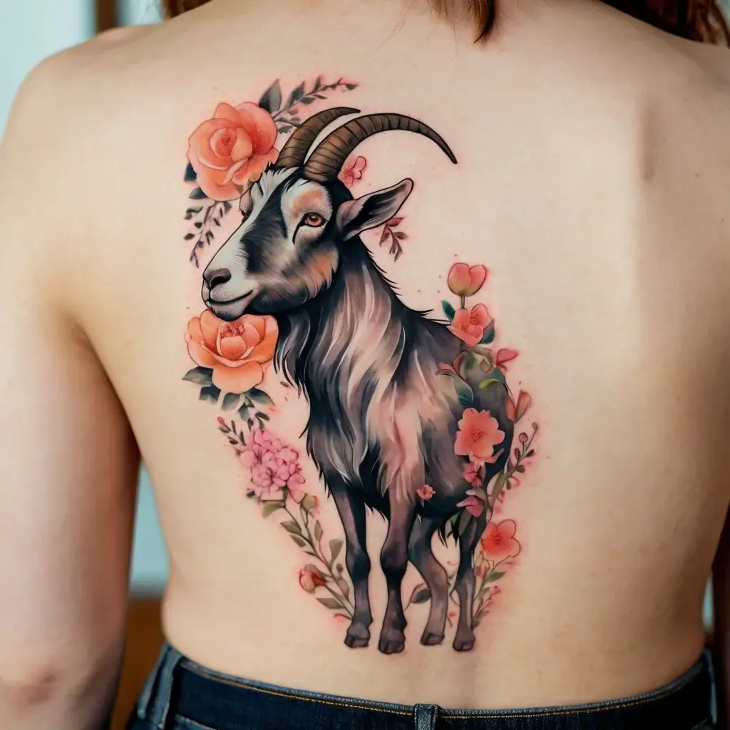 A realistic goat tattoo accented with orange and pink flowers, blending nature's strength and beauty across the back.