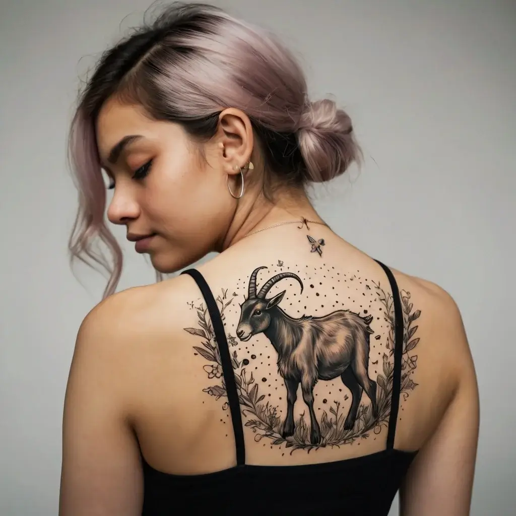 Tattoo of a detailed goat on woman's back, framed by floral vines and small butterflies, creating a whimsical nature theme.