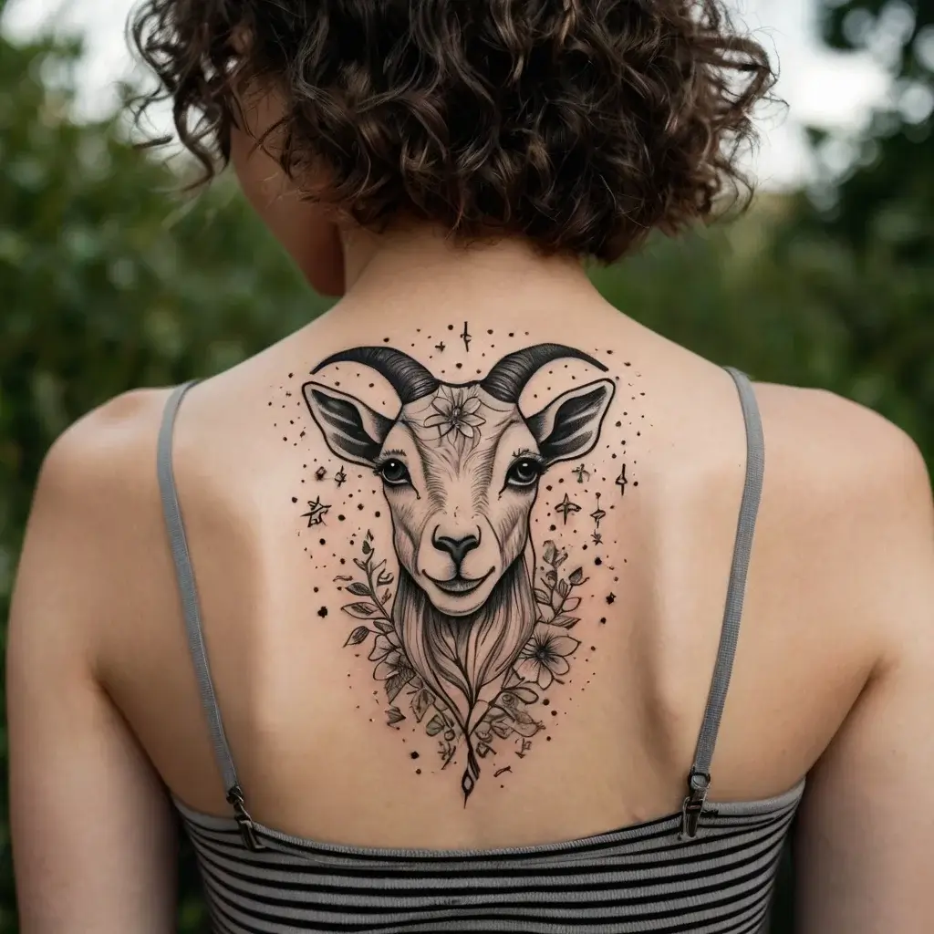 Tattoo of a stylized goat head adorned with floral and leaf patterns, surrounded by small stars and dots on a woman's back.