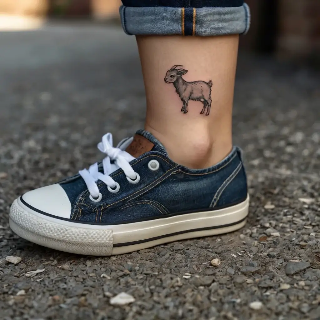 Illustrated baby goat tattoo on ankle, showcasing detailed linework and shading for a lifelike appearance.