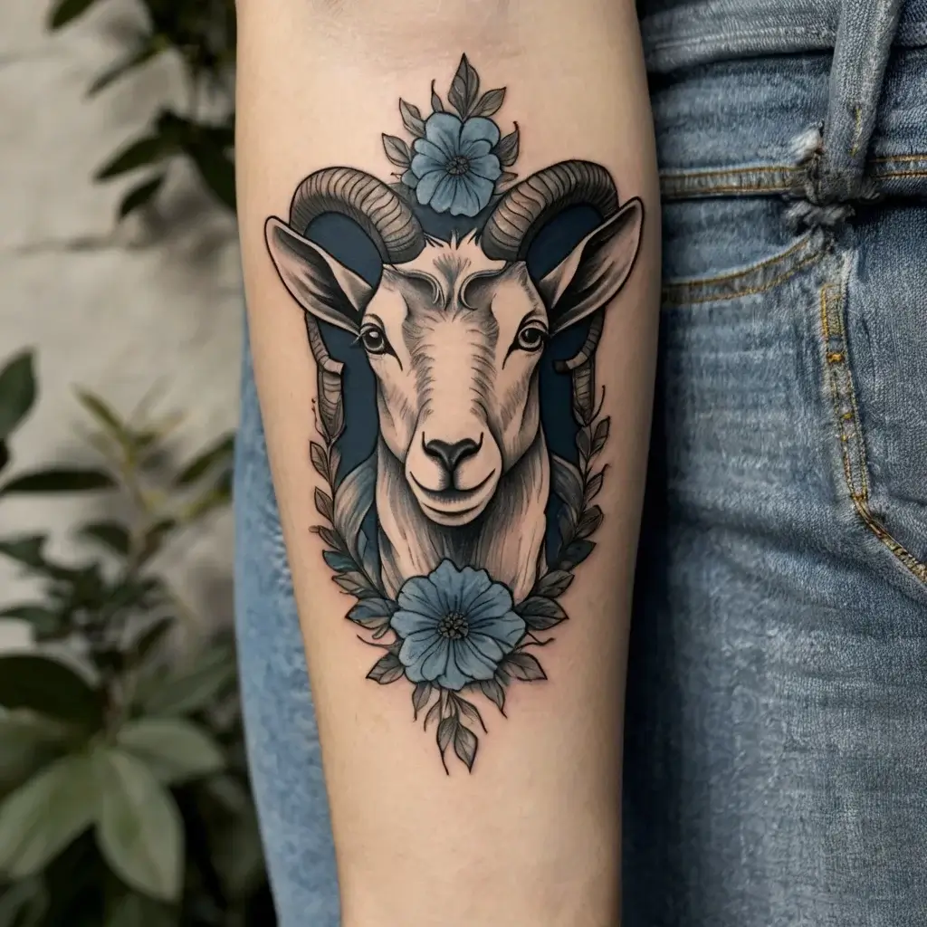 Tattoo of a detailed ram head set within a floral frame, featuring blue flowers and intricate leaves on the forearm.