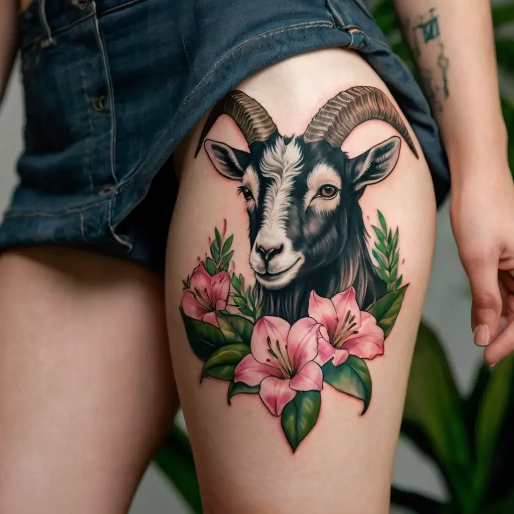 Tattoo of a detailed goat head with curved horns, embellished with pink lilies and green leaves on the thigh.