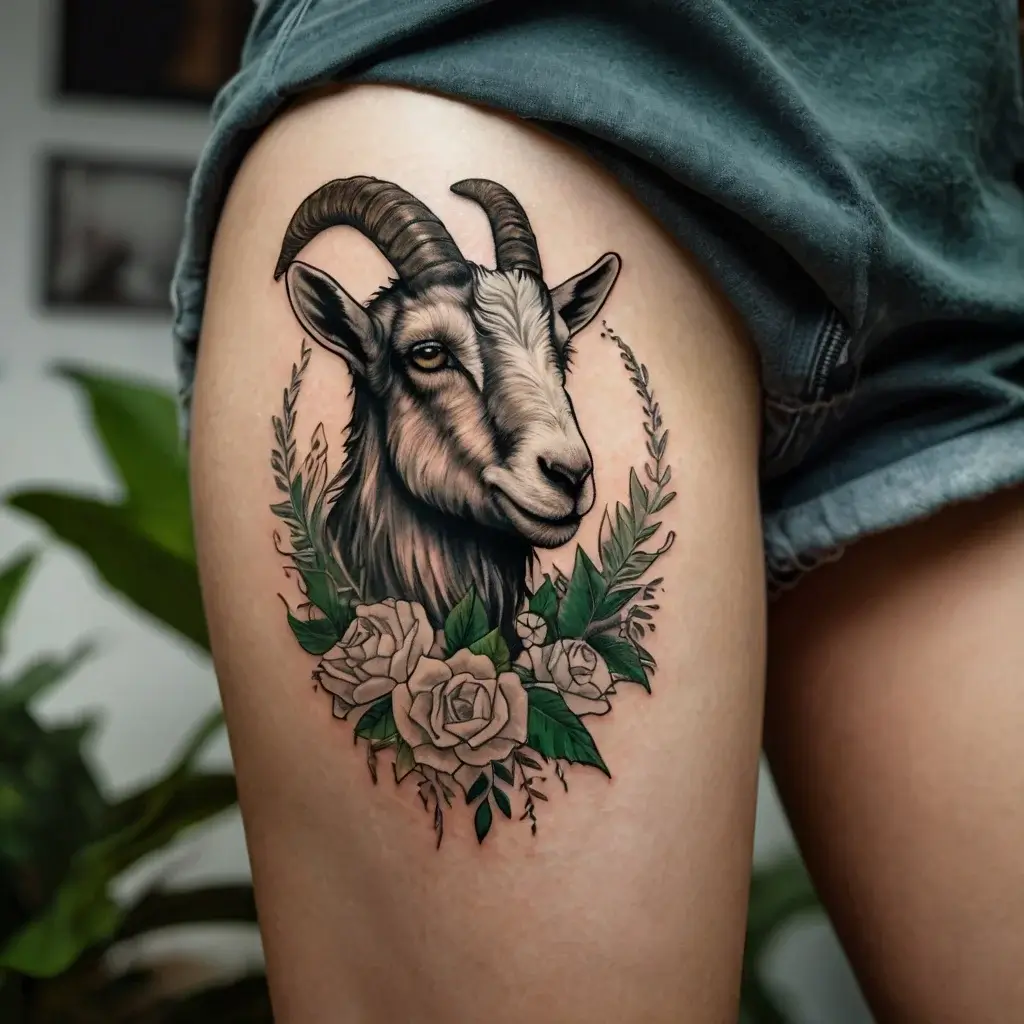 Realistic goat head tattooed with detailed shading, framed by roses and leaves, combining nature and animal elements.