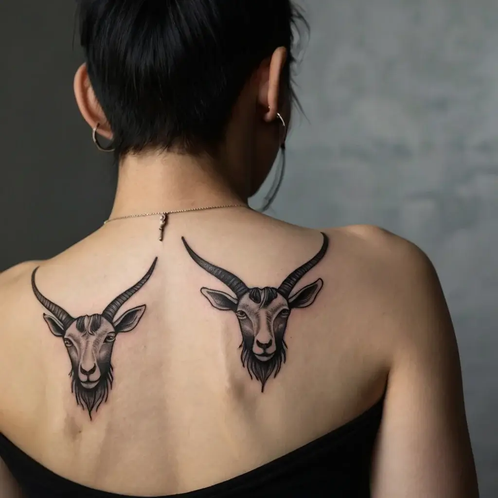 Two symmetrical goat head tattoos with long horns on the upper back, rendered in black linework.