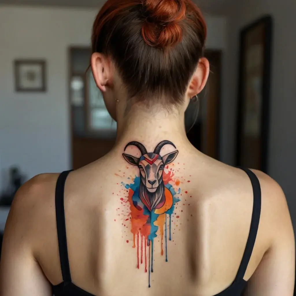 Tattoo of a geometric ram with watercolor splashes in blue and orange on back, blending fluidity and strength.